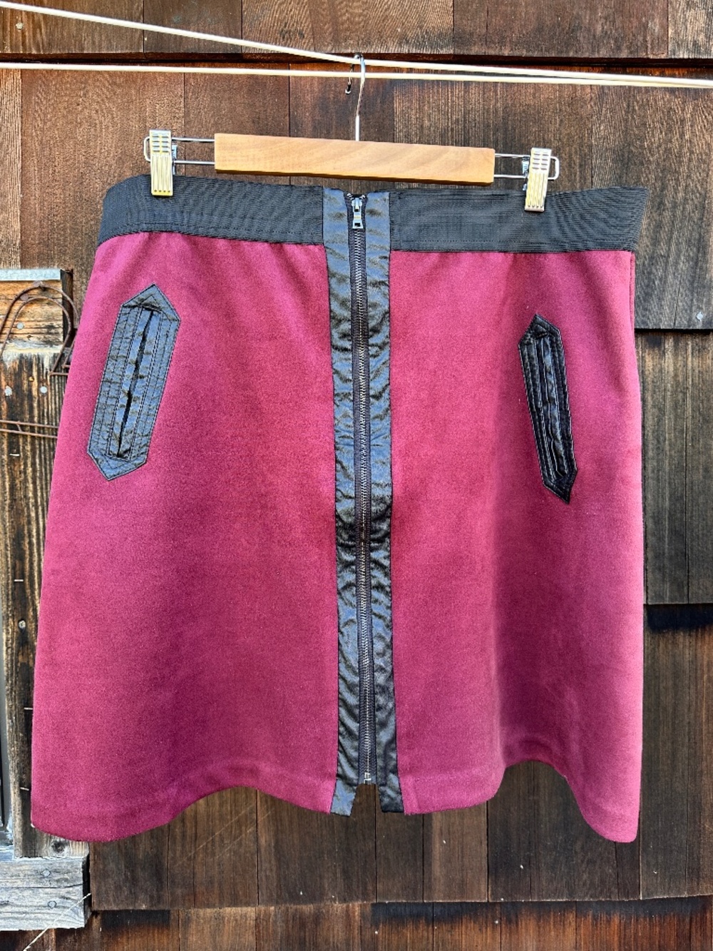 ECI NY Size XL A-Line Skirt Faux Burgundy Suede Black Faux Leather Trim